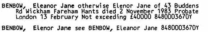 Probate Eleanor Jane Benbow nee Didymus 1984