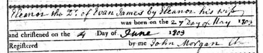 Eleanor James 1803 Baptism