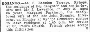 Margaret Bosanko (nee Parkinson) death 1939