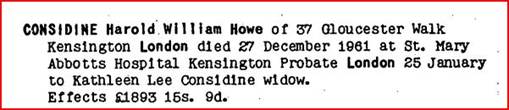 Harold William Howe Considine 1961 probate