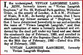 Vivian Langrish Stephens name change 1920